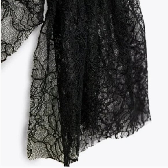 ZARA NWOT Black Lace Bohemian Sheer Flare Long Sleeve High Neck Top Size Medium - Picture 5 of 14